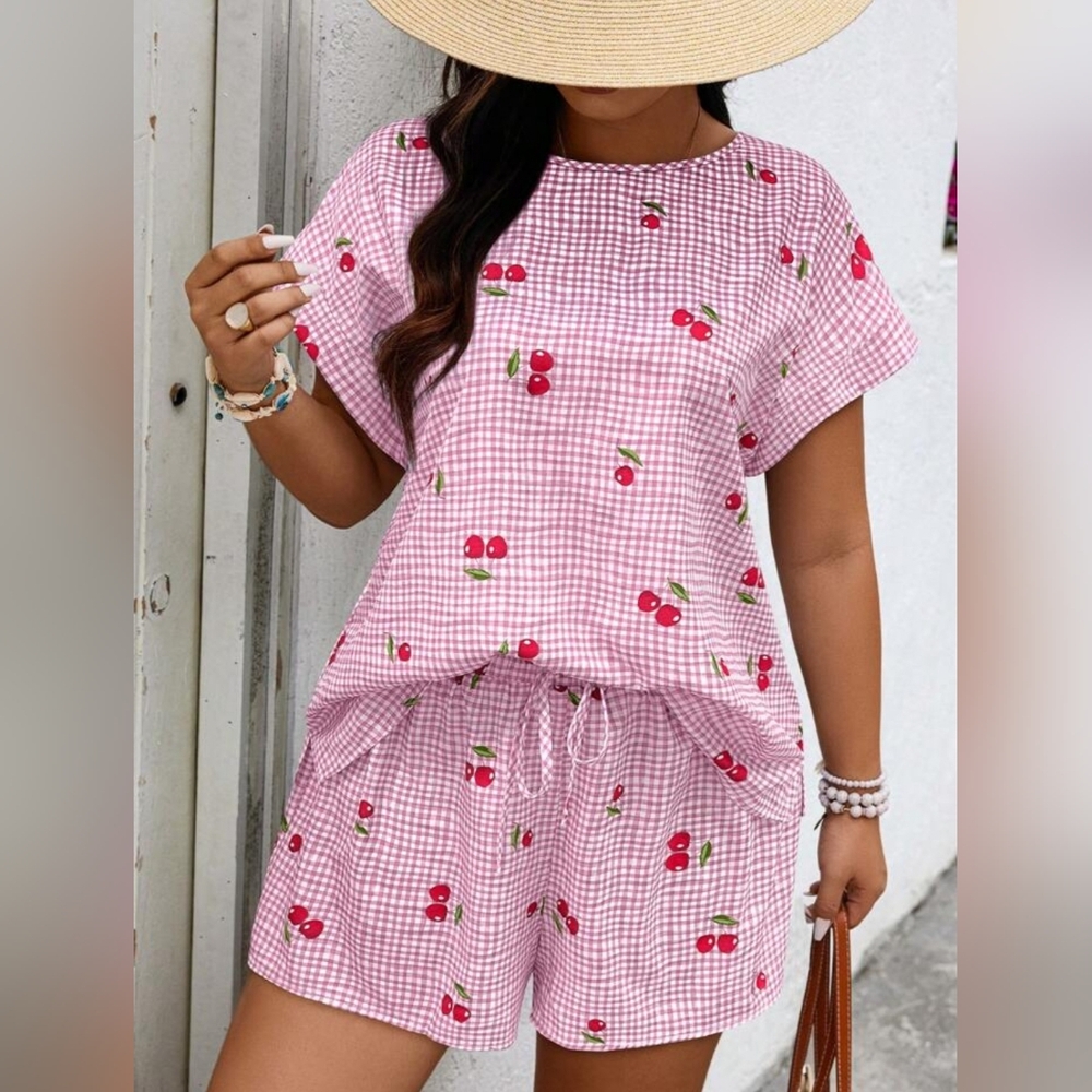Size 2X (16) SheIn Pink Cherry Print Gingham Outfit